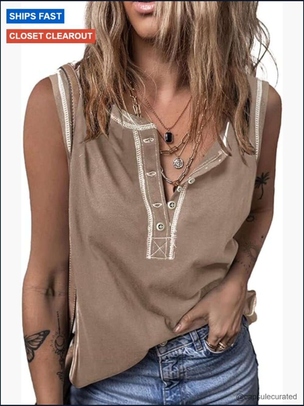 Sleeveless Tank Top, Henley Neck, Lightweight, Stretchy, Casual Summer Top